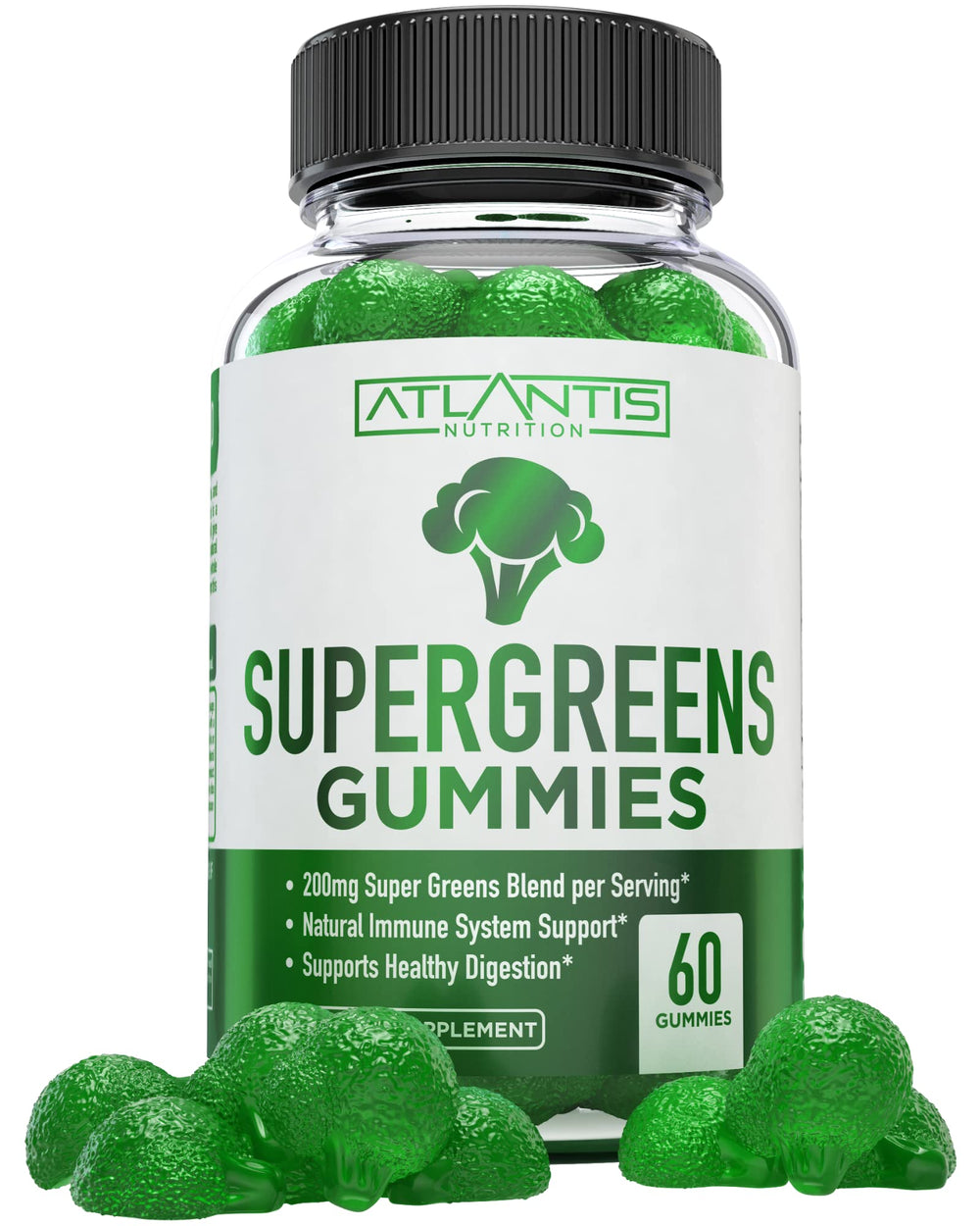 Atlantis Nutrition Supergreens Gummies bottle for daily greens convenience
