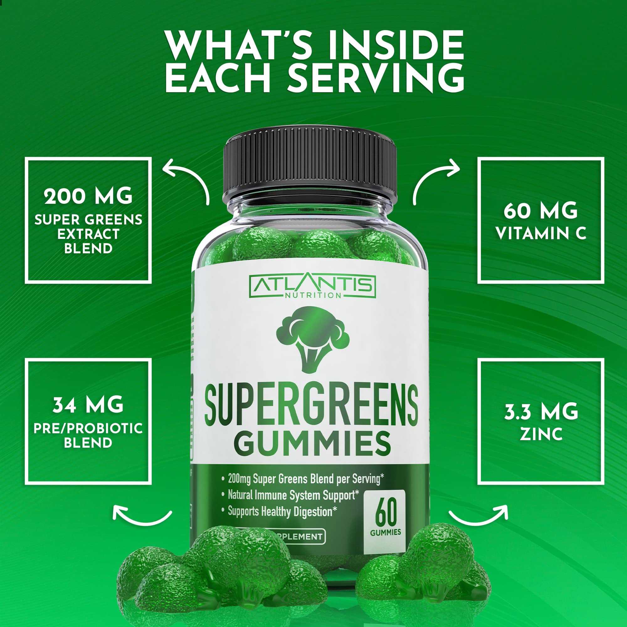 Atlantis Nutrition Supergreens Gummies ingredient blend visual hinting at greens support