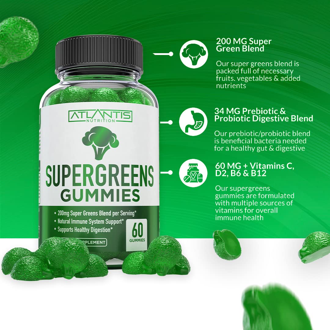 Atlantis Nutrition Supergreens Gummies label shows natural ingredients