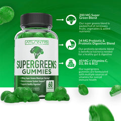 Atlantis Nutrition Supergreens Gummies label shows natural ingredients