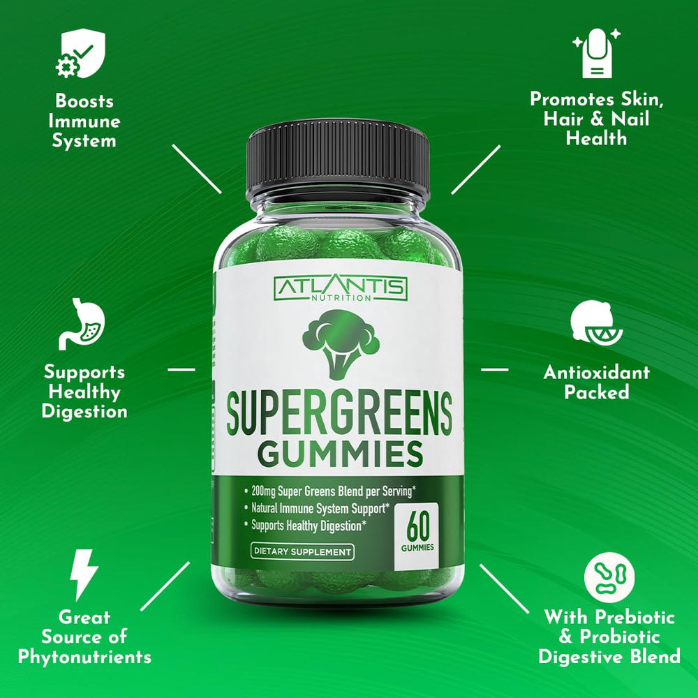 Atlantis Nutrition Supergreens Gummies packaging front with vibrant greens