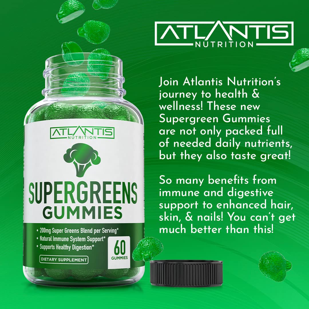 Atlantis Nutrition Supergreens Gummies USA-made seal signaling natural formulation