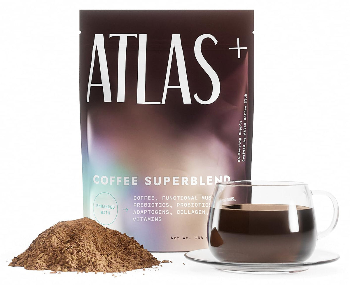 Atlas+ Superblend bag with scoop ready for a quick morning ritual