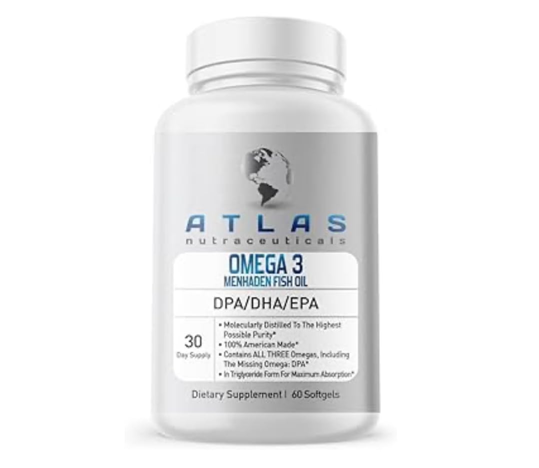 Atlas Nutraceuticals Menhaden Oil bottle highlights sustainable sourcing and omega-3 potency.