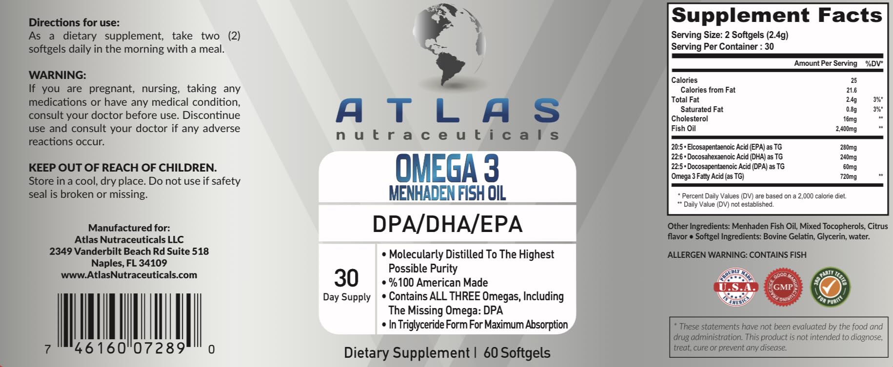 Atlas Nutraceuticals omega-3 ingredients panel shows EPA and DHA balance.