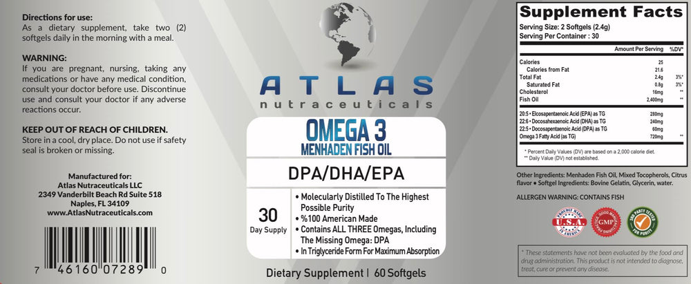 Atlas Nutraceuticals omega-3 ingredients panel shows EPA and DHA balance.