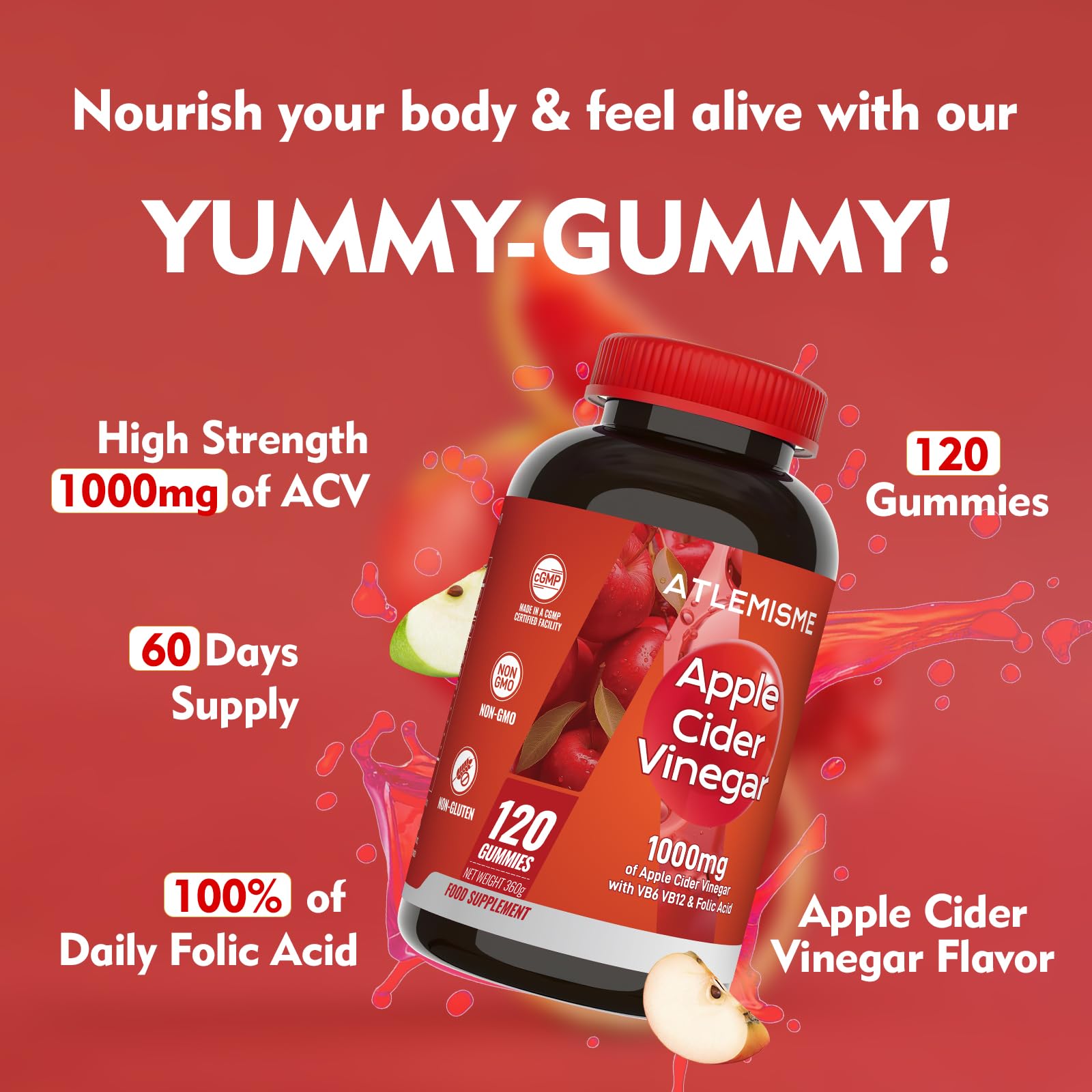 ATLEMISME Apple Cider Vinegar Gummies close-up shows chewy texture and apple flavor.