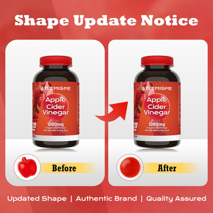 ATLEMISME Apple Cider Vinegar Gummies close-up shows chewy texture and apple flavor.