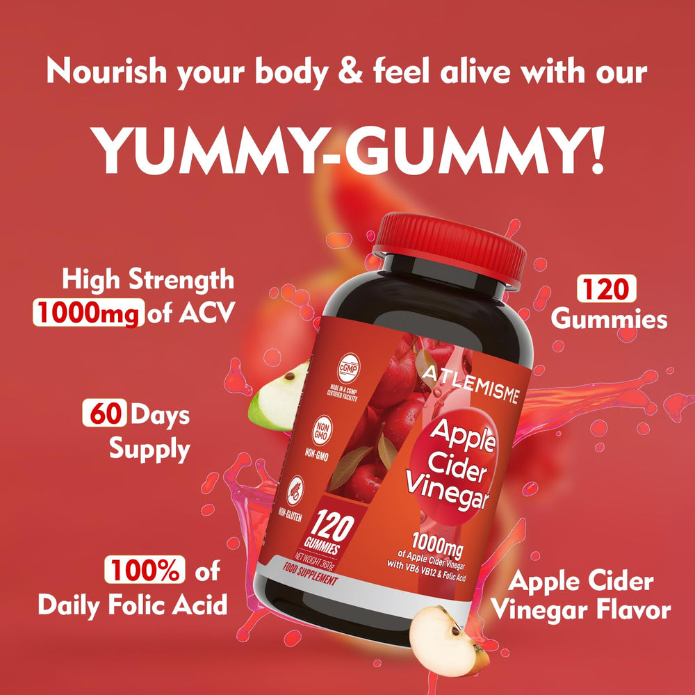 ATLEMISME Apple Cider Vinegar Gummies close-up shows chewy texture and apple flavor.