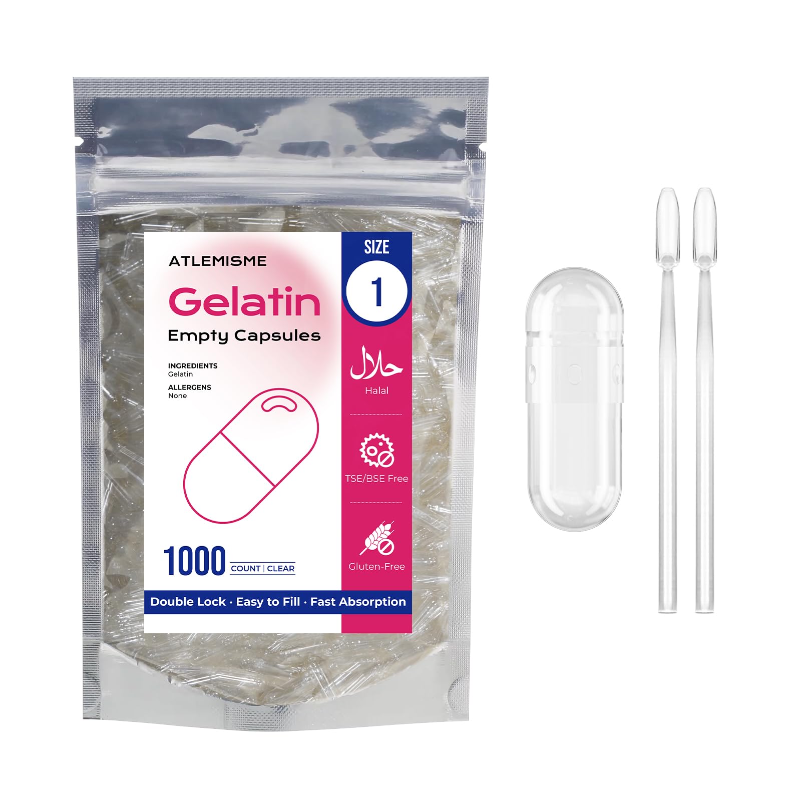 ATLEMISME empty capsules size 1 in a 1000-count pack for DIY blends.