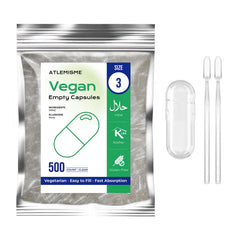 ATLEMISME empty vegan capsules size 3 in a bottle for easy DIY supplement filling.