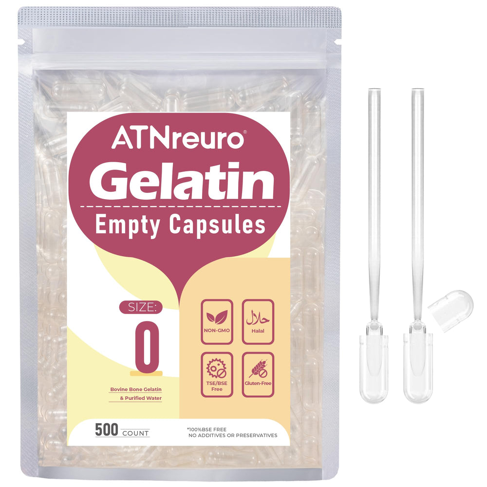 ATNreuro Size 0 empty capsules in a bottle for easy storage on the go.