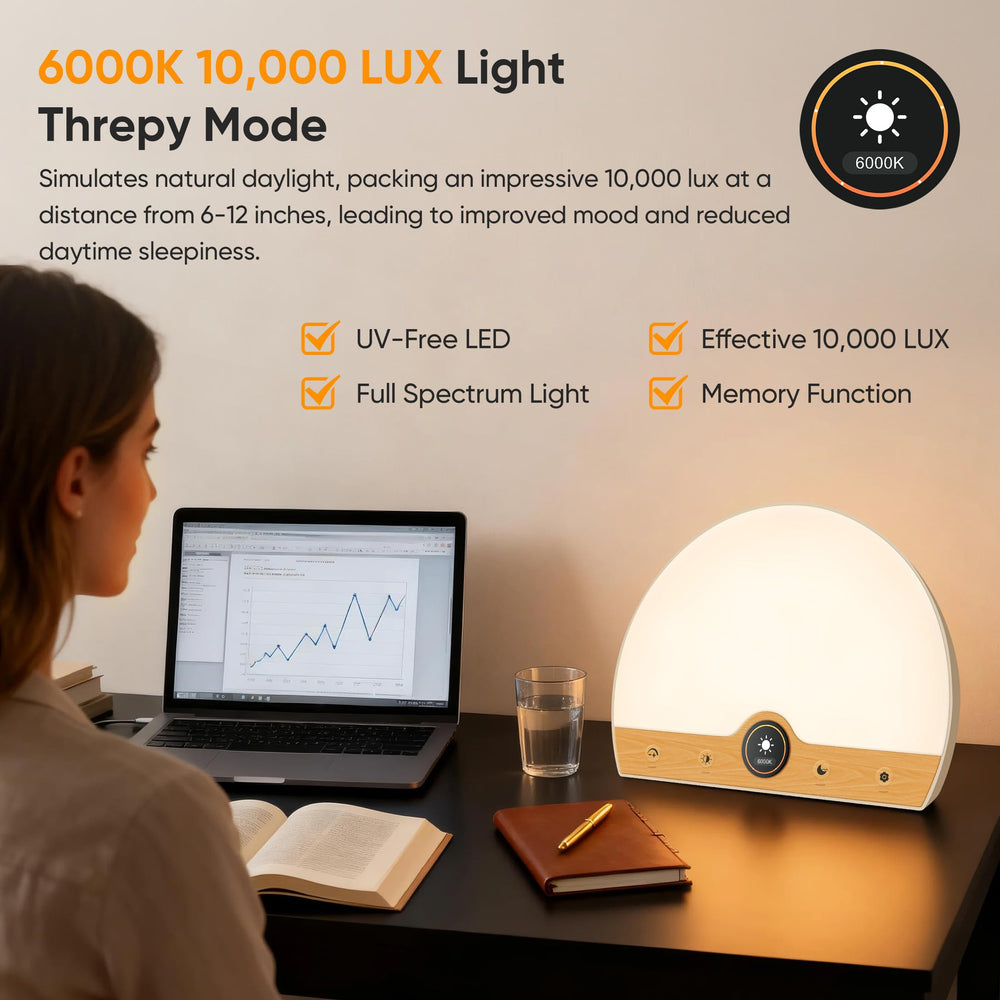 Atorobros 10000 lux natural-light emulation helps energize daytime routines.