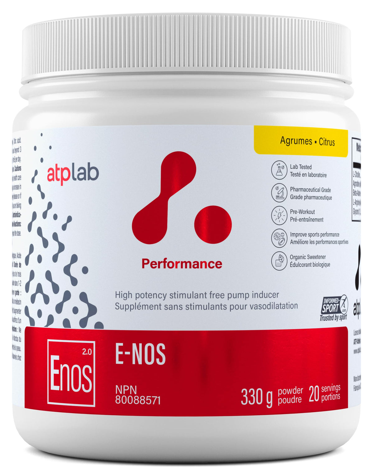ATP LAB E-Nos 330g citrus powder tub front for pre-workout use