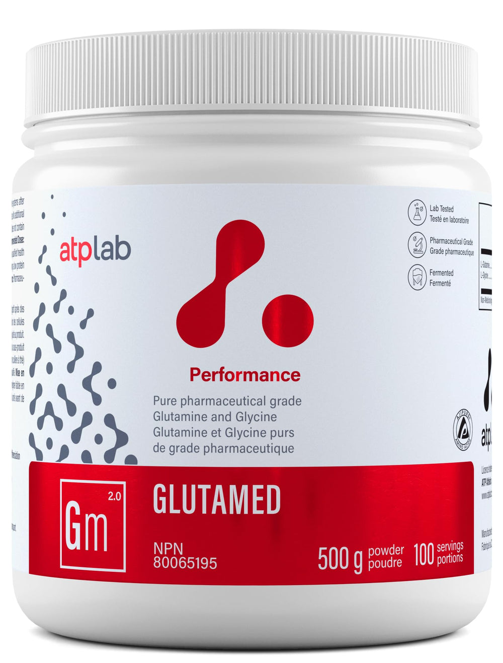 ATP LAB Glutamed bottle front highlighting pharmaceutical-grade glutamine for gut health support.