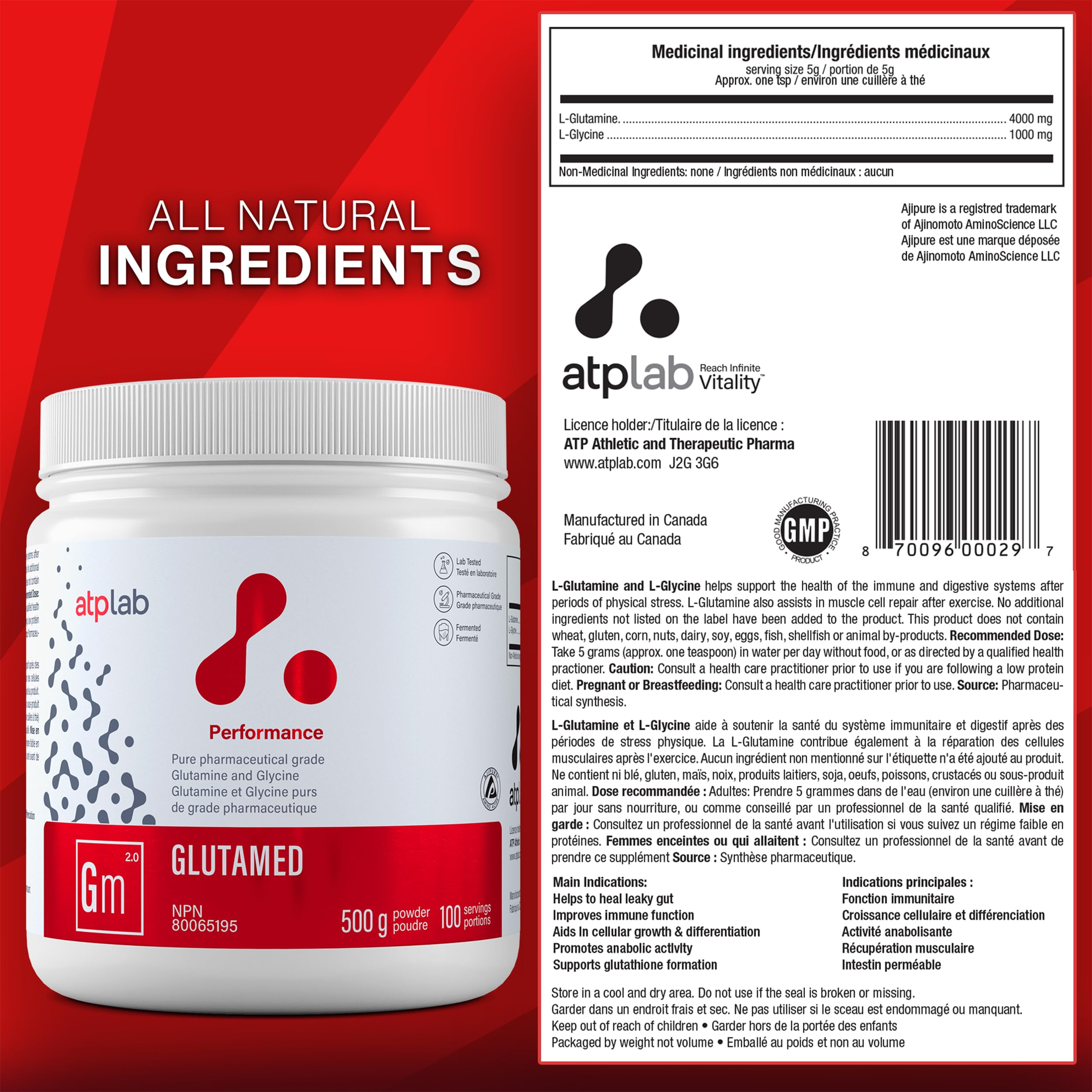 ATP LAB Glutamed jar close-up emphasizing organic blend and purity.