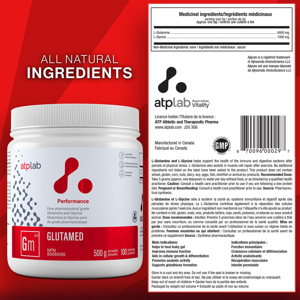ATP LAB Glutamed jar close-up emphasizing organic blend and purity.