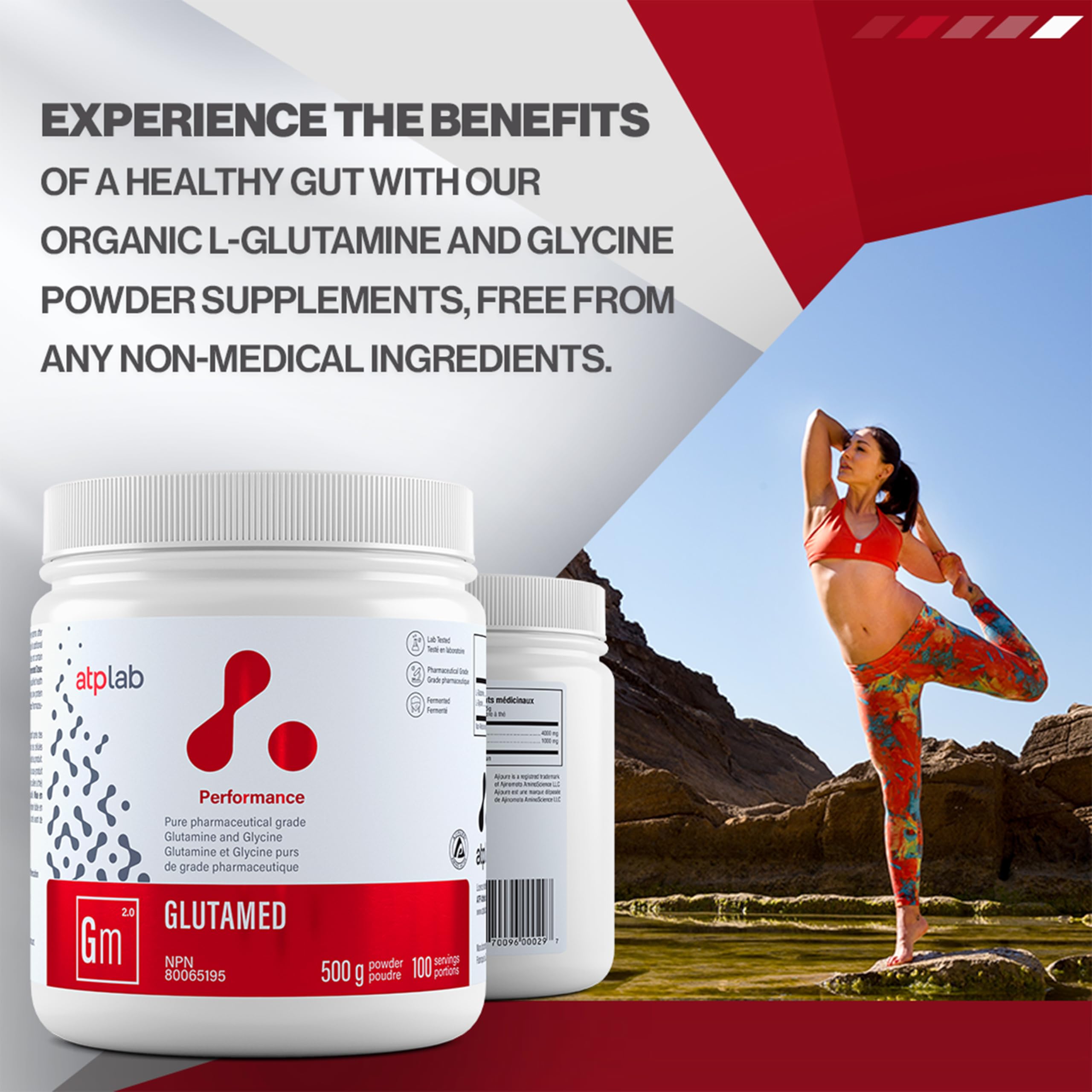 ATP LAB Glutamed package side with usage notes and dosage guidance.
