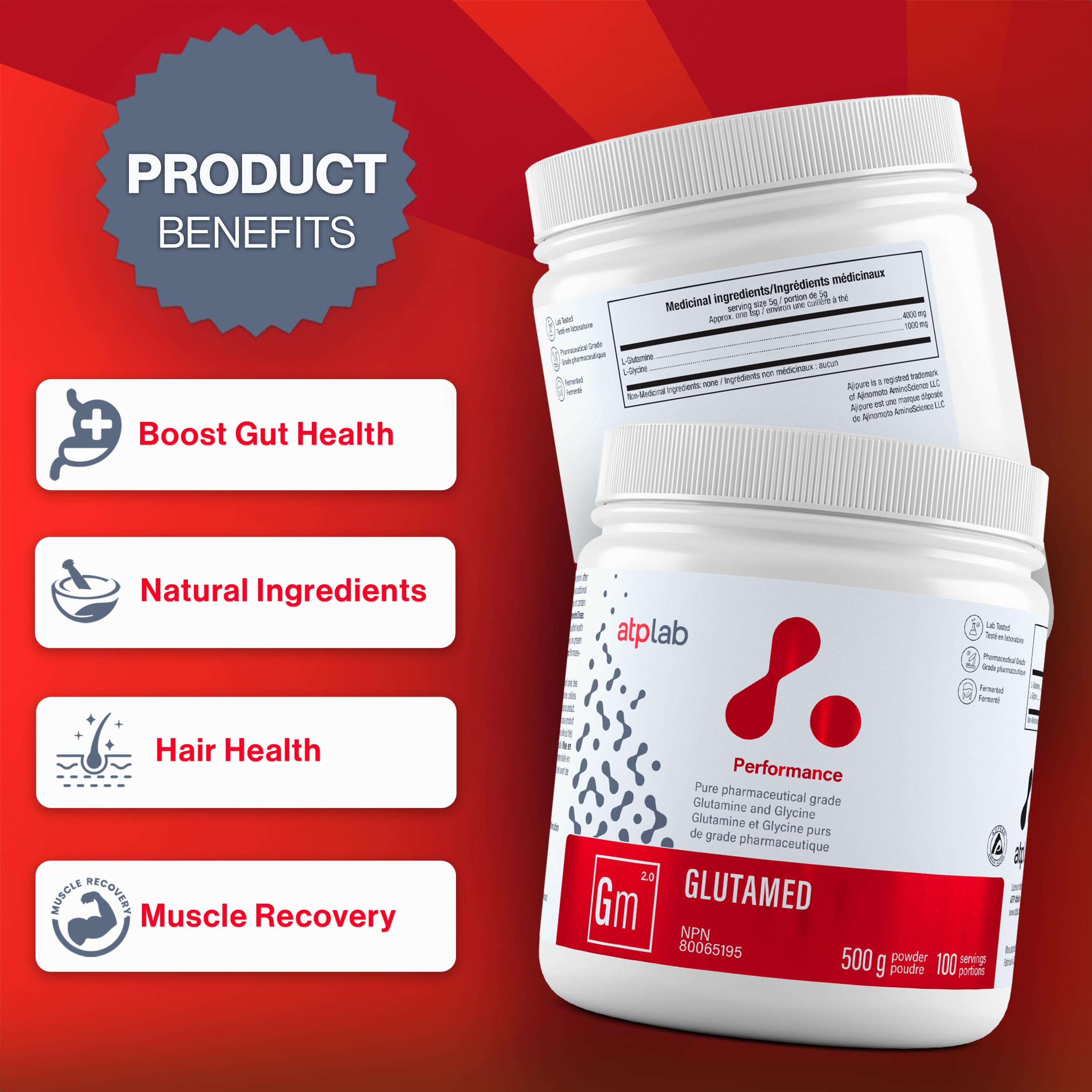 ATP LAB Glutamed scoop inside illustrating precise dosing for easy use.