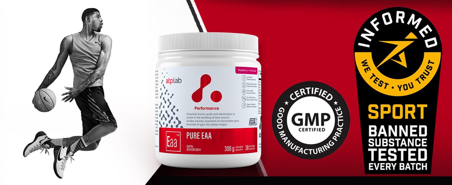 ATP LAB Pure EAA Powder canister on gym bench for workouts.
