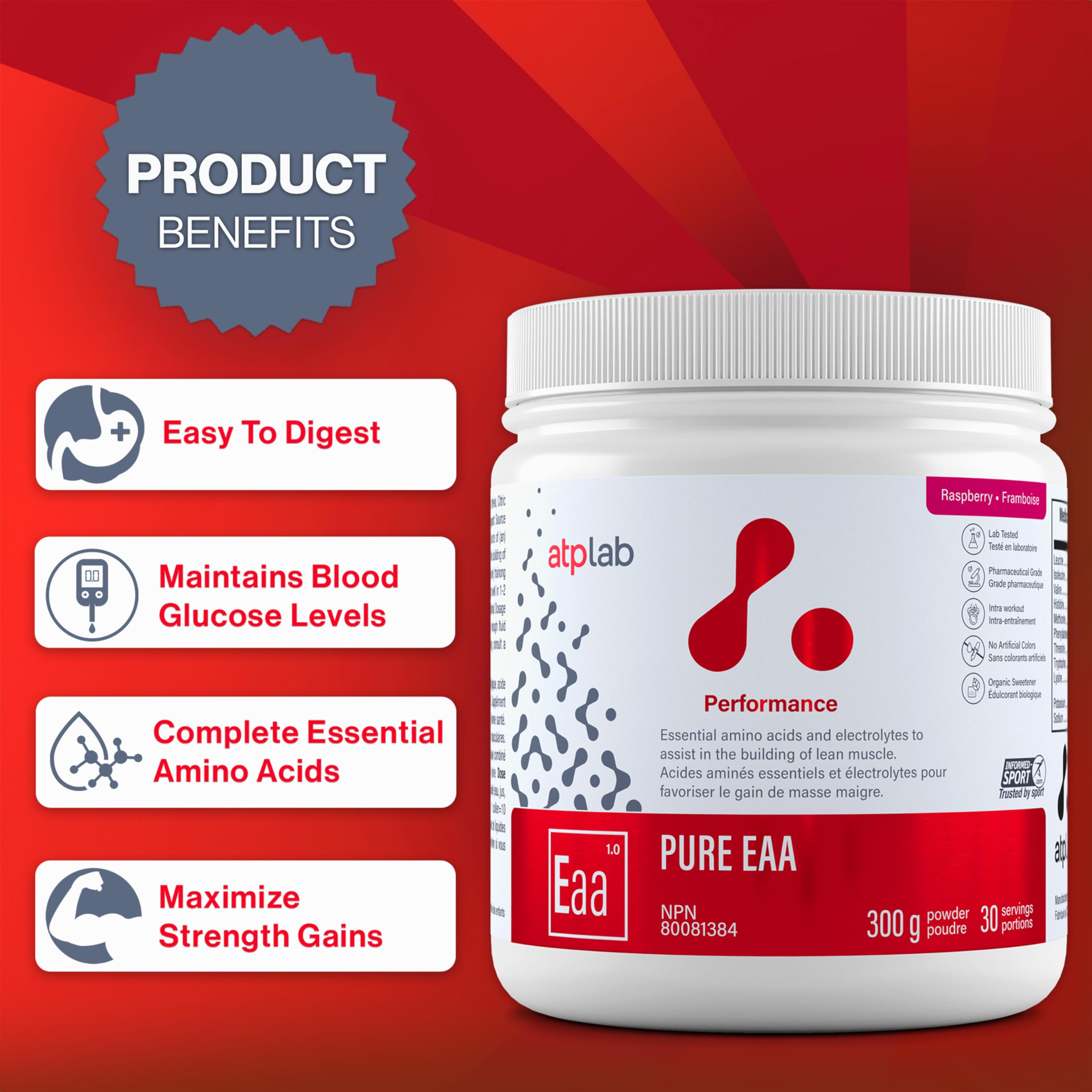 ATP LAB Pure EAA Powder raspberry label reveals 11 essential amino acids.