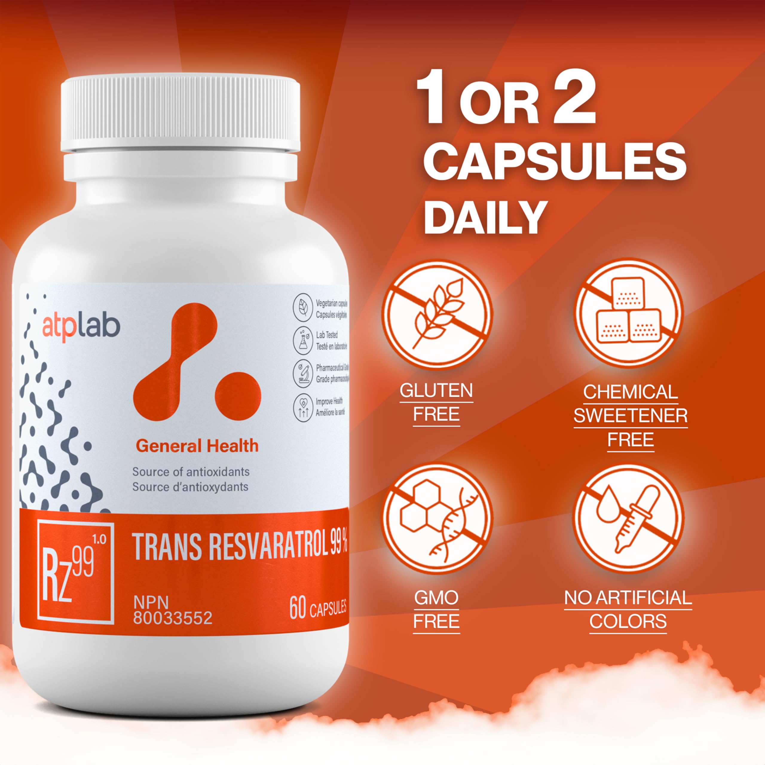 ATP LAB Trans Resveratrol ingredients visual emphasizes high-purity antioxidant source