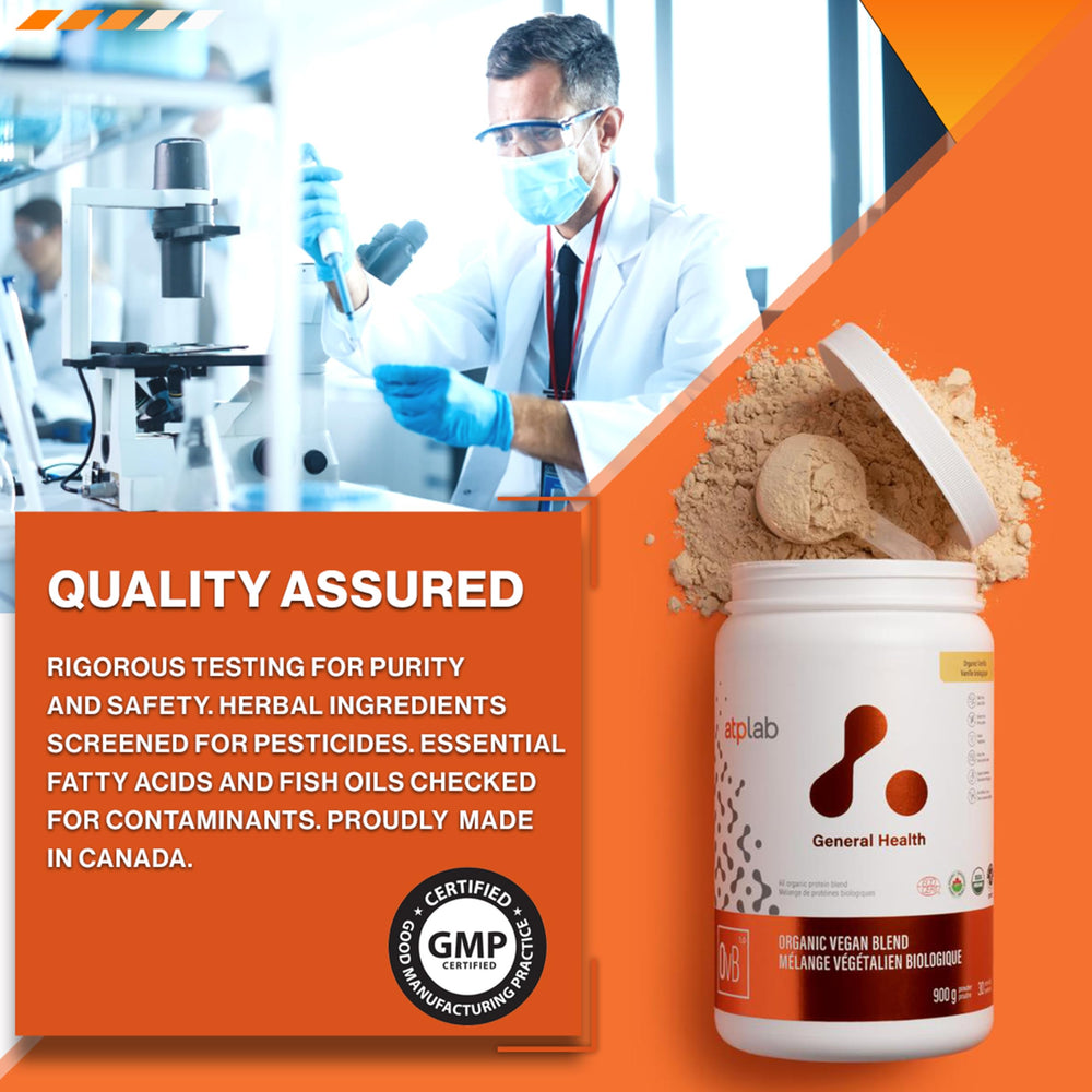 ATP LAB Vegan Blend Powder Vanilla Non-GMO Emblem: clean ingredient assurance signals quality.