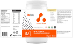 ATP LAB Vegan Blend Powder Vanilla Nutrition Label: clear serving size and protein blend.