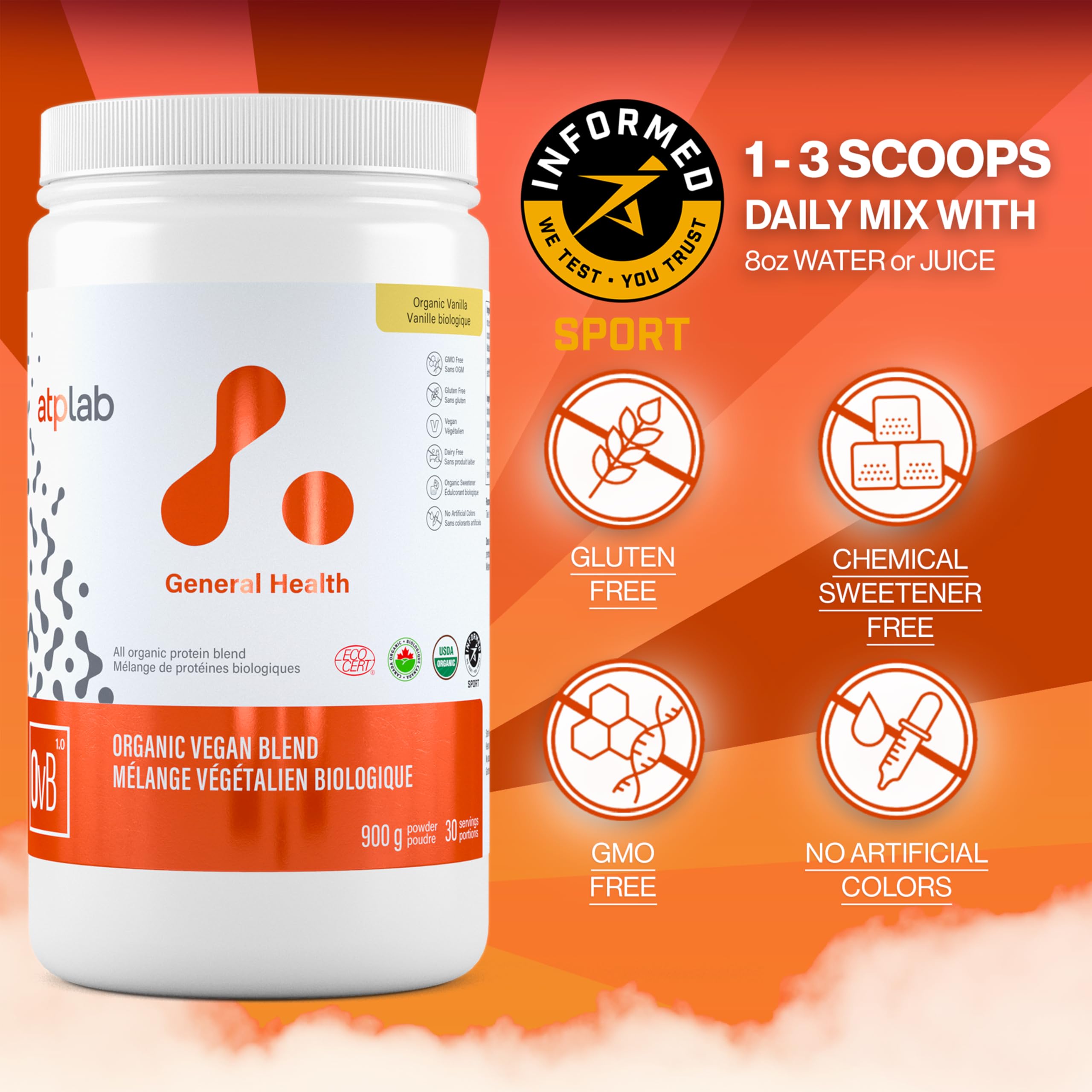 ATP LAB Vegan Blend Powder Vanilla Packaging: easy-to-use tub for home pantry.