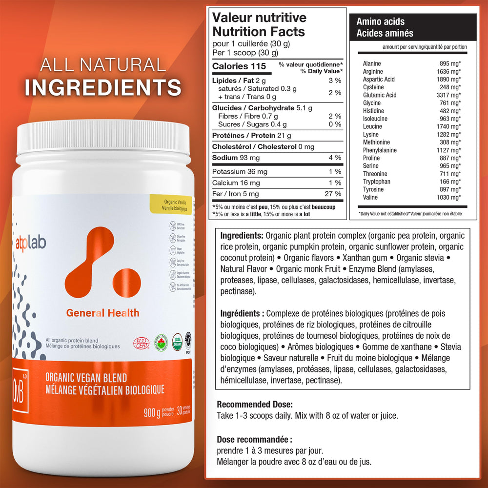 ATP LAB Vegan Blend Powder Vanilla Scoop in Glass: creamy vanilla shake ready.
