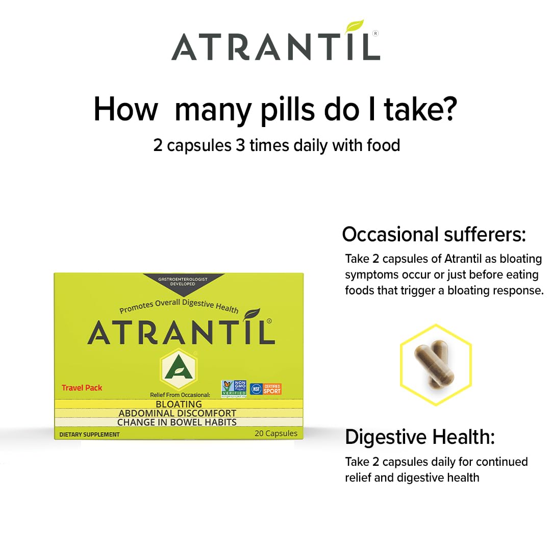 Atrantil Travel Pack bottle inside packaging shows easy, travel-friendly capsules.