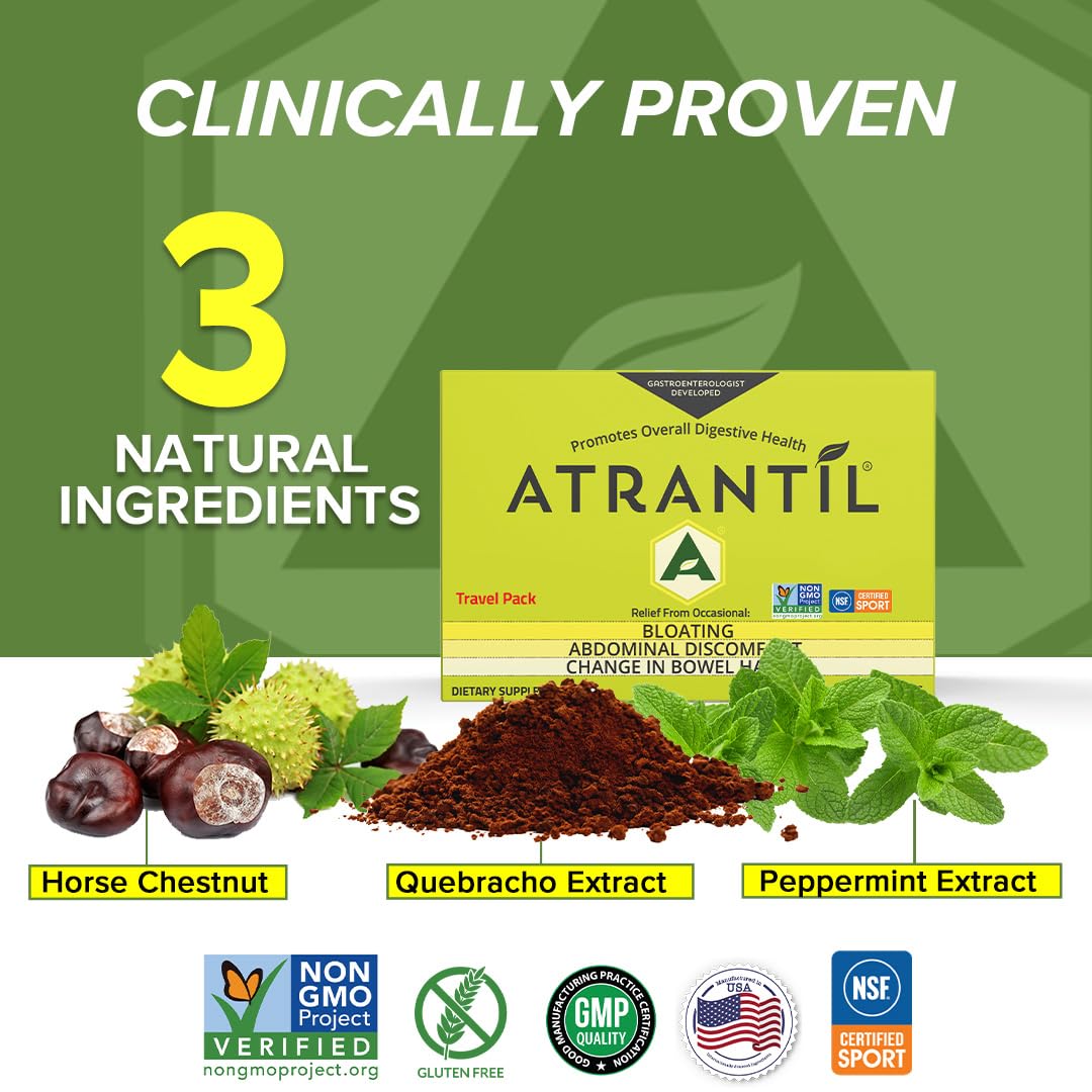 Atrantil Travel Pack 20 Count box back showing usage guidance for digestive comfort.