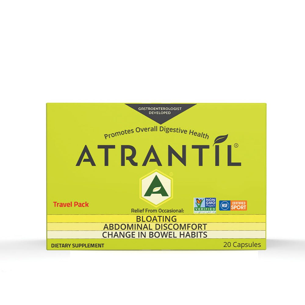Atrantil Travel Pack 20 Count box front for portable digestive support.