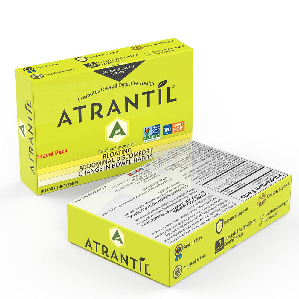 Atrantil Travel Pack sachet close-up highlighting individual servings for travel.
