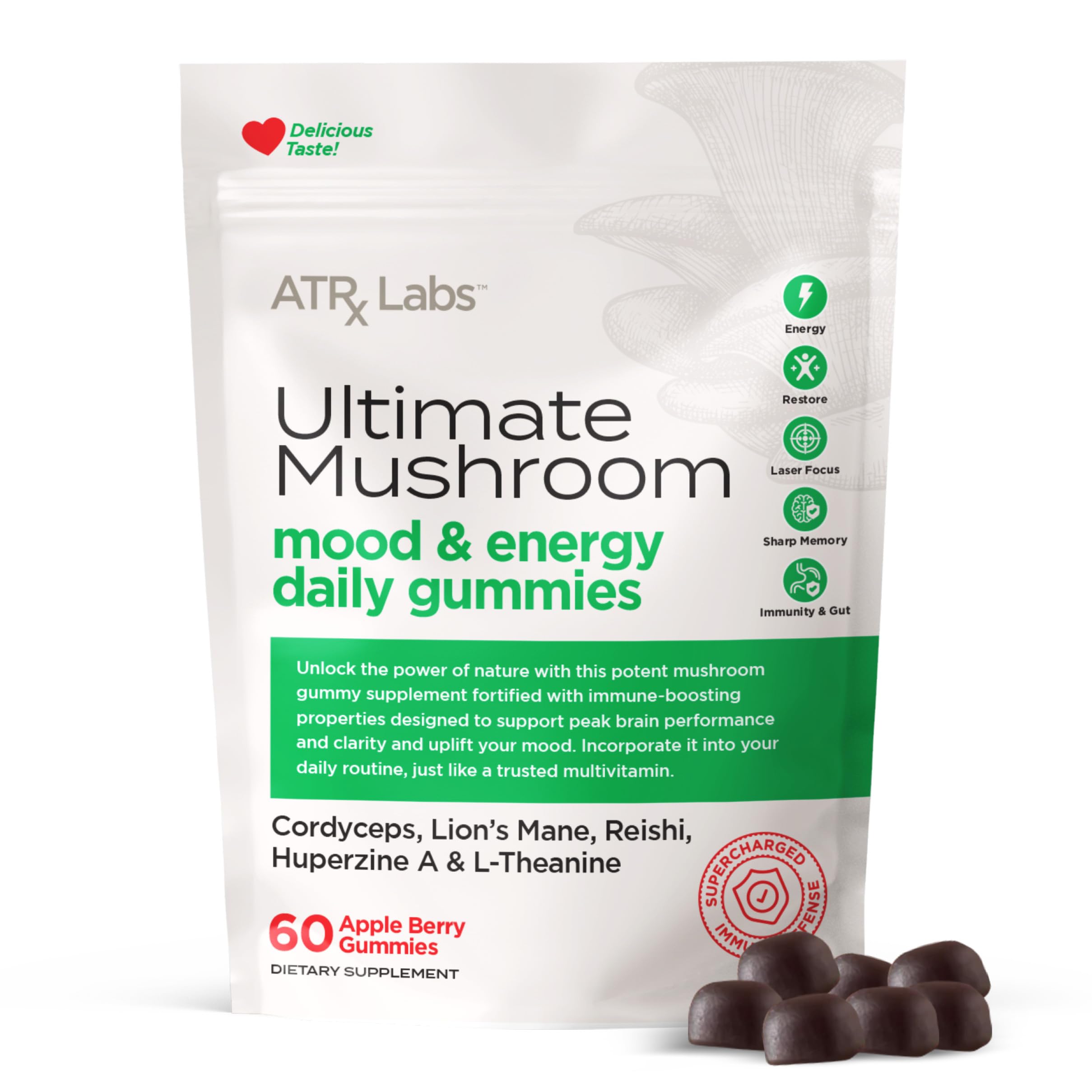 ATRx Labs Ultimate Mushroom Daily Gummies bottle front showing apple-berry flavor for daily wellness