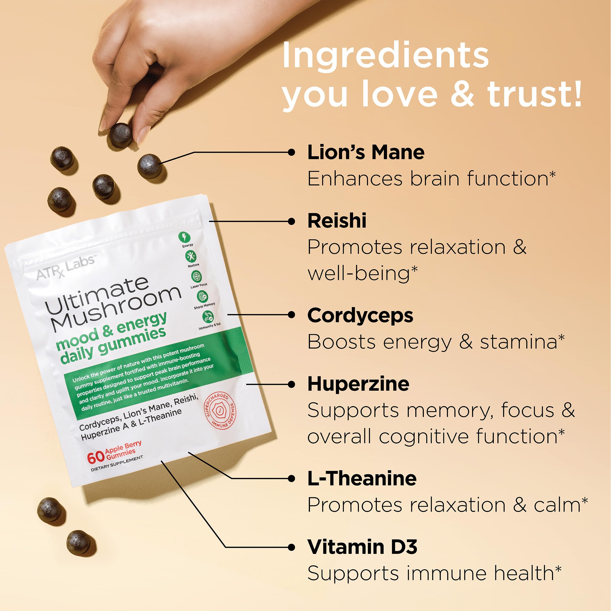 ATRx Labs Ultimate Mushroom Daily Gummies reishi slice detail for relaxation and mood balance