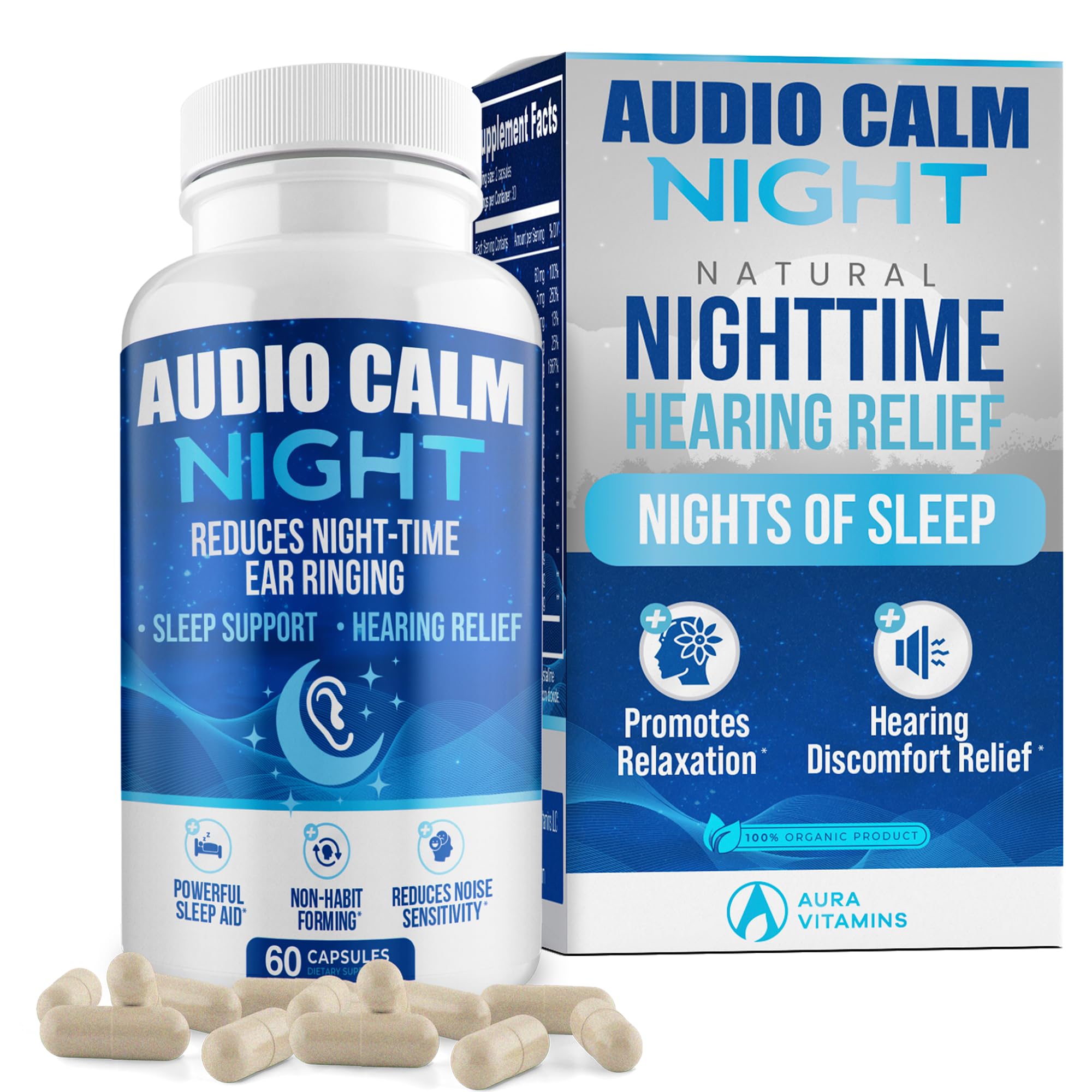 Audio Calm Night capsules on a nightstand ready to support restful sleep