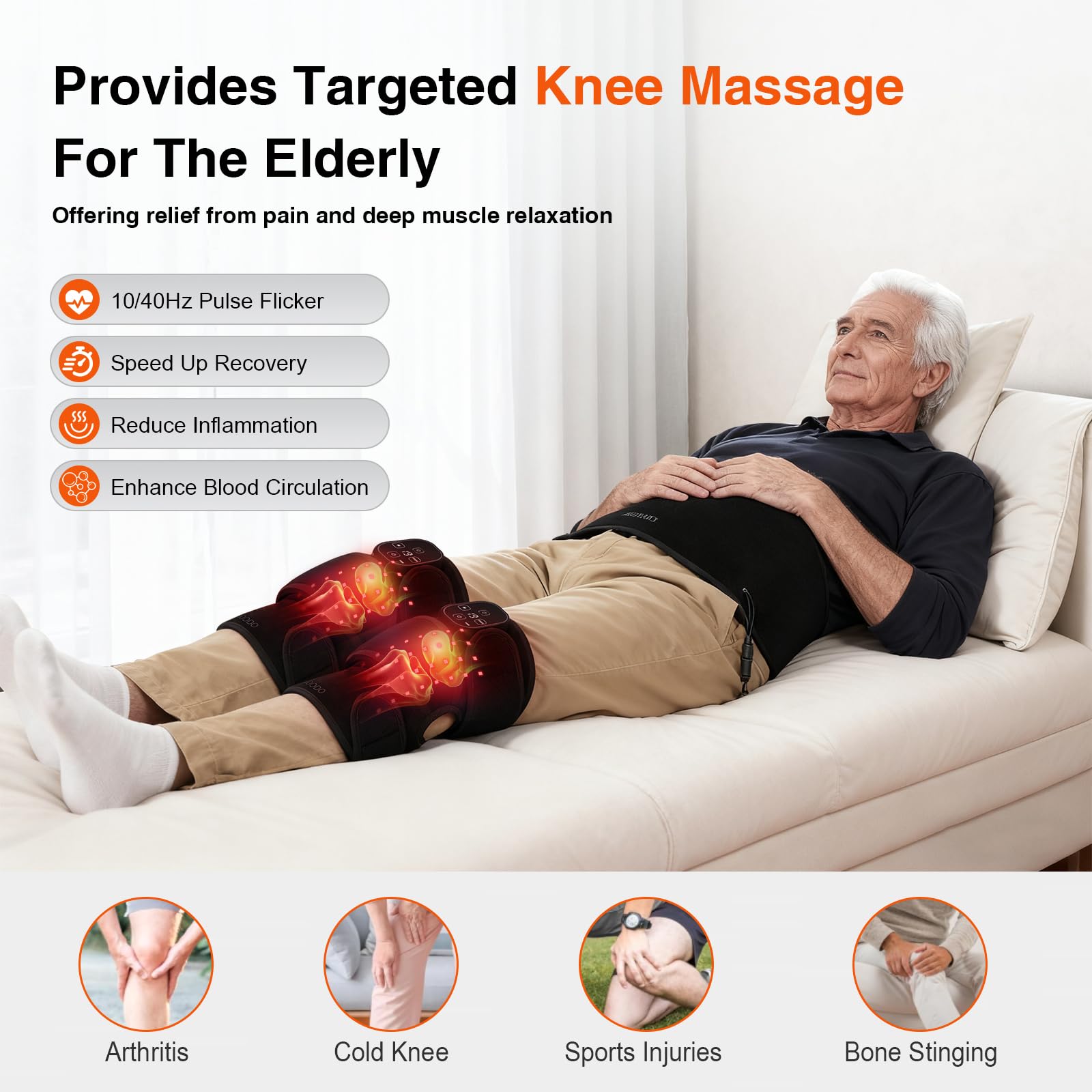 AUDODO cordless knee massager shown in home use setting for flexibility.