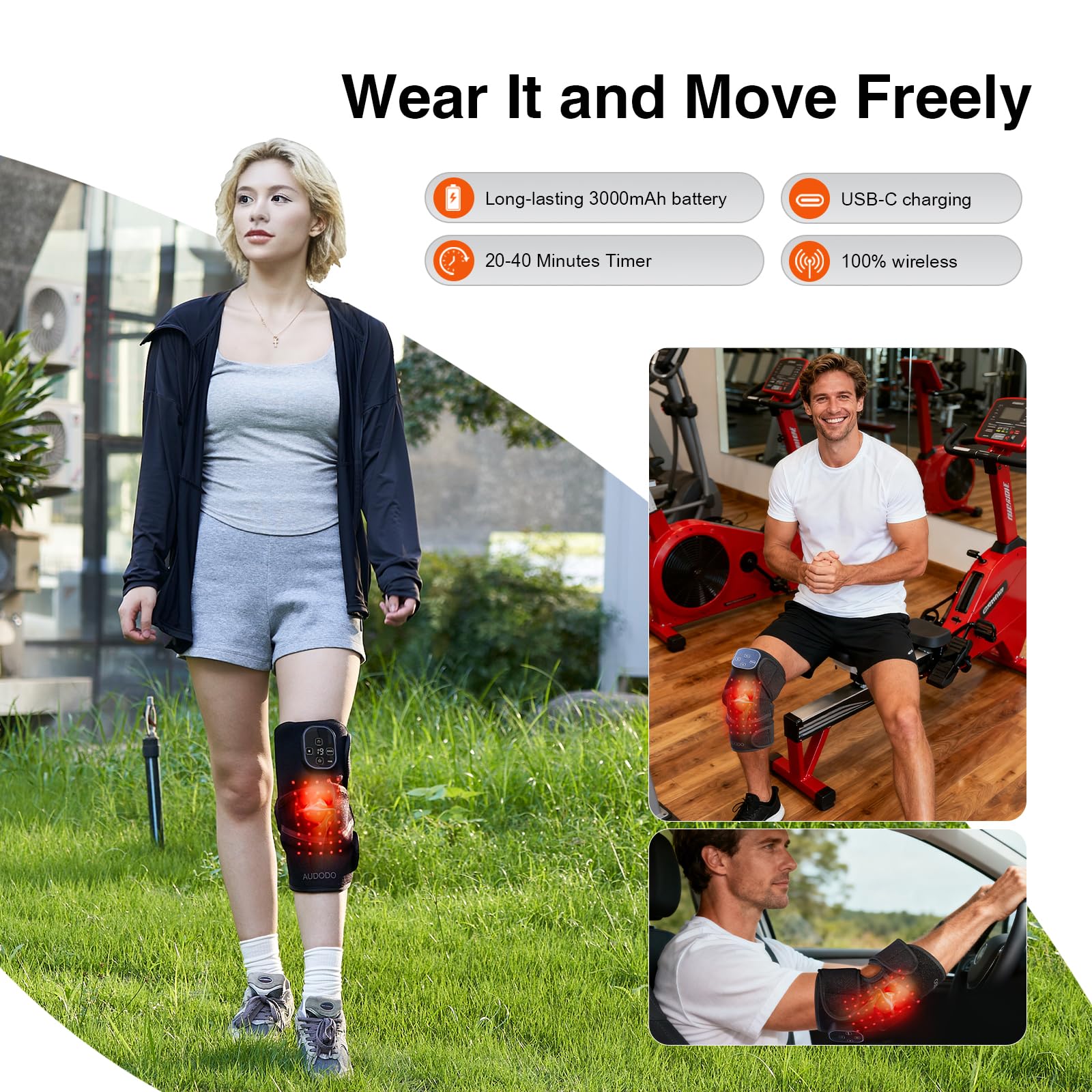 AUDODO cordless knee massager with 3000mAh battery for wireless use anywhere.