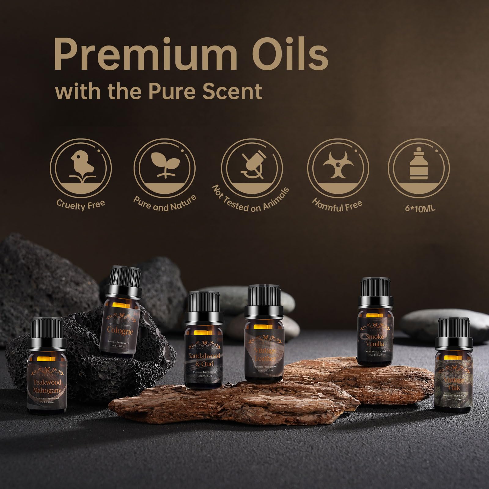 Auelife Bottles close-up shows six 10ml blends ready to try.