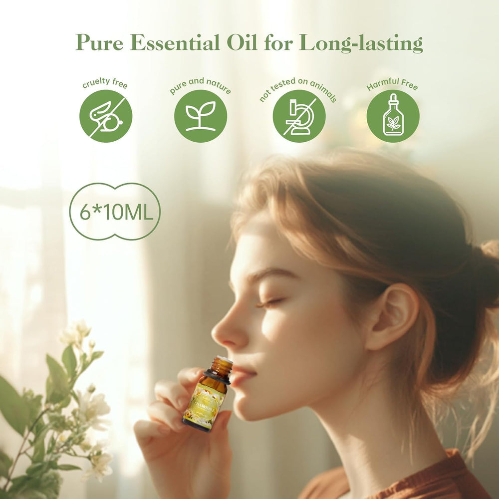 Auelife chamomile essential oil bottle highlighting fresh floral notes.