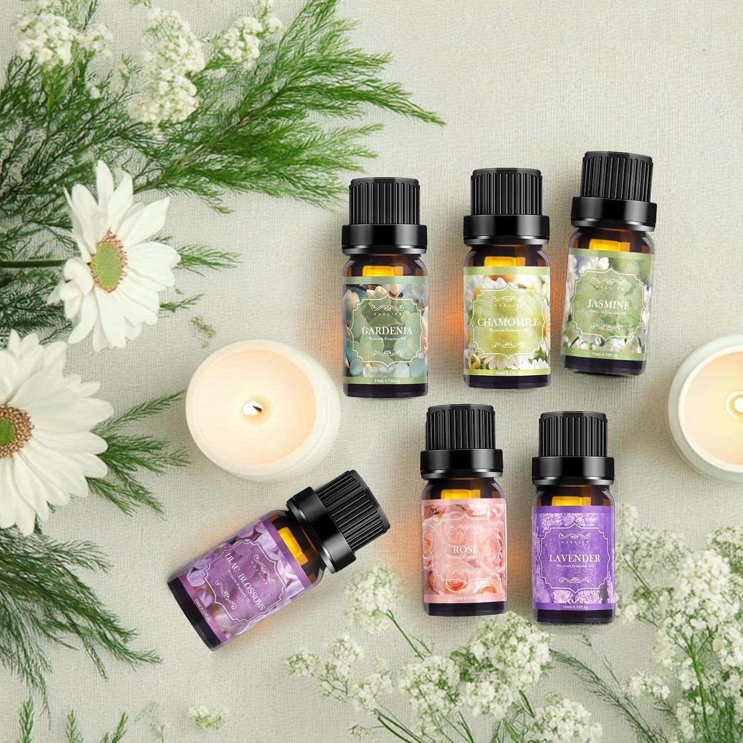 Auelife lilac essential oil bottle close-up for soothing, aromatic room ambiance.
