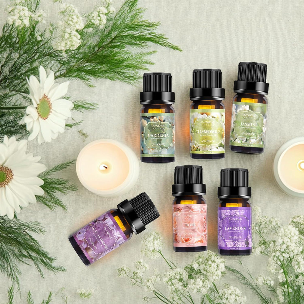 Auelife lilac essential oil bottle close-up for soothing, aromatic room ambiance.