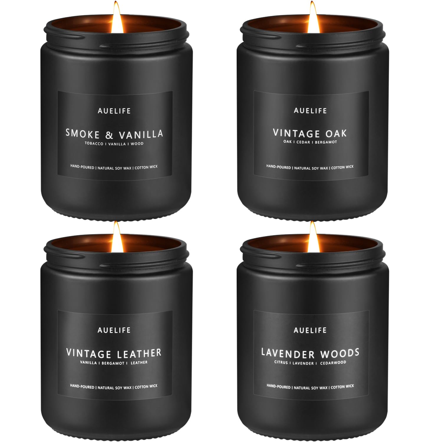 Auelife leather candle in a black jar enhances masculine home décor.