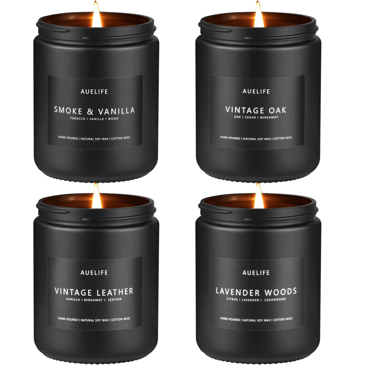 Auelife leather candle in a black jar enhances masculine home décor.