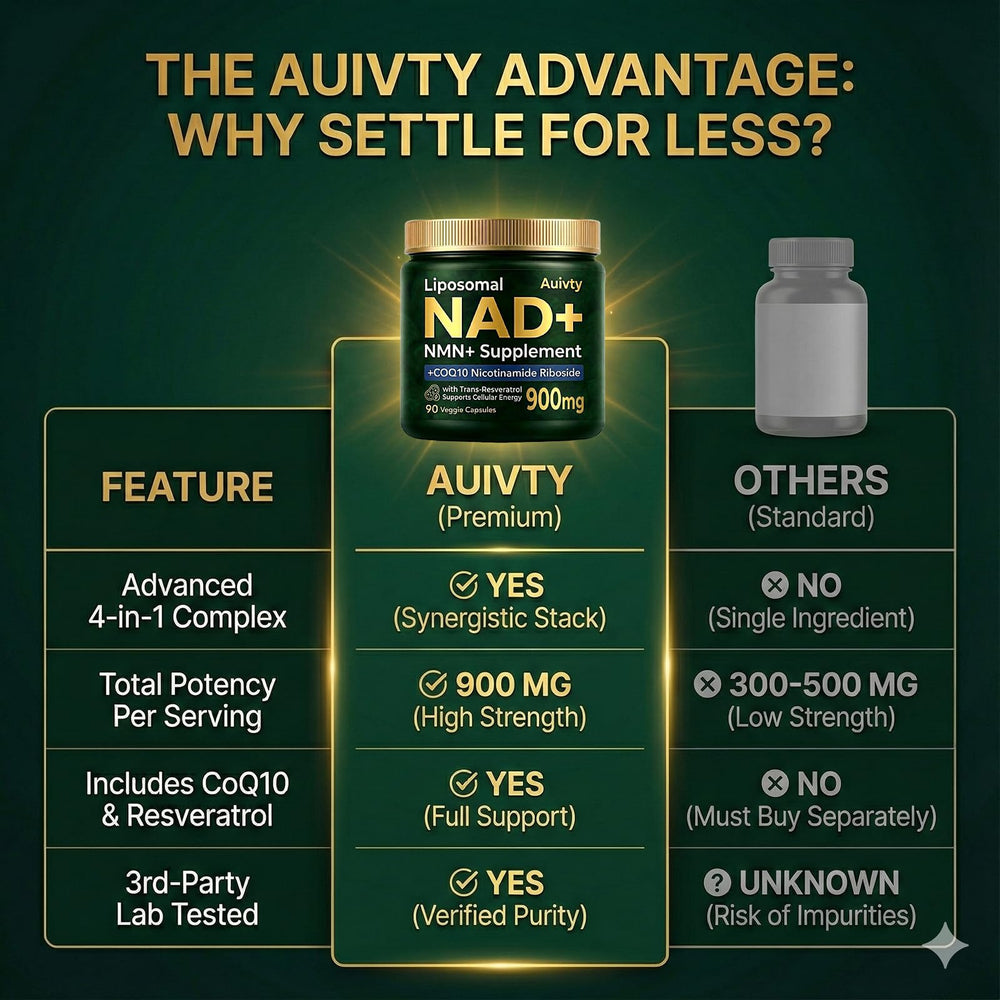 Auivty 900mg daily serving graphic highlights high potency and robust daily support.