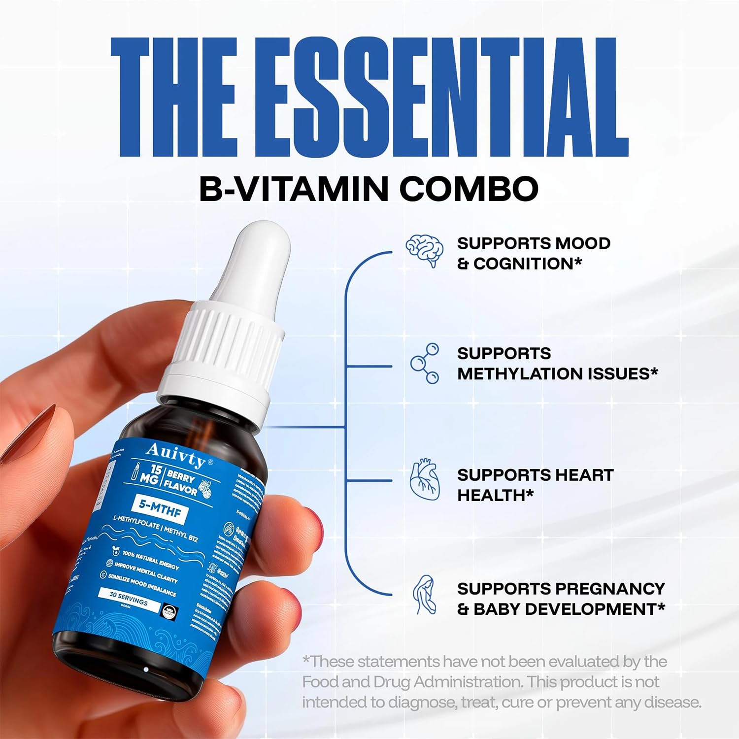 Auivty dropper and bottle illustrating easy daily dosing.