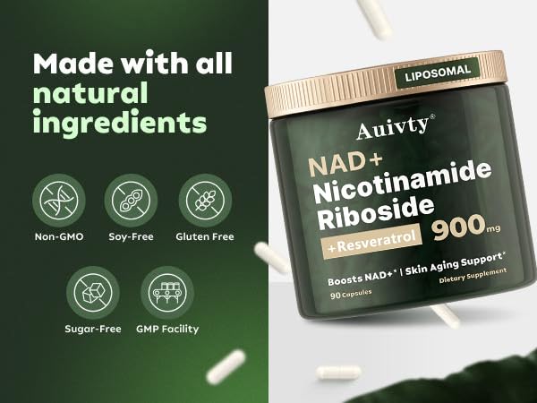 Auivty NAD+ NR Resveratrol packaging display in clean non-GMO design