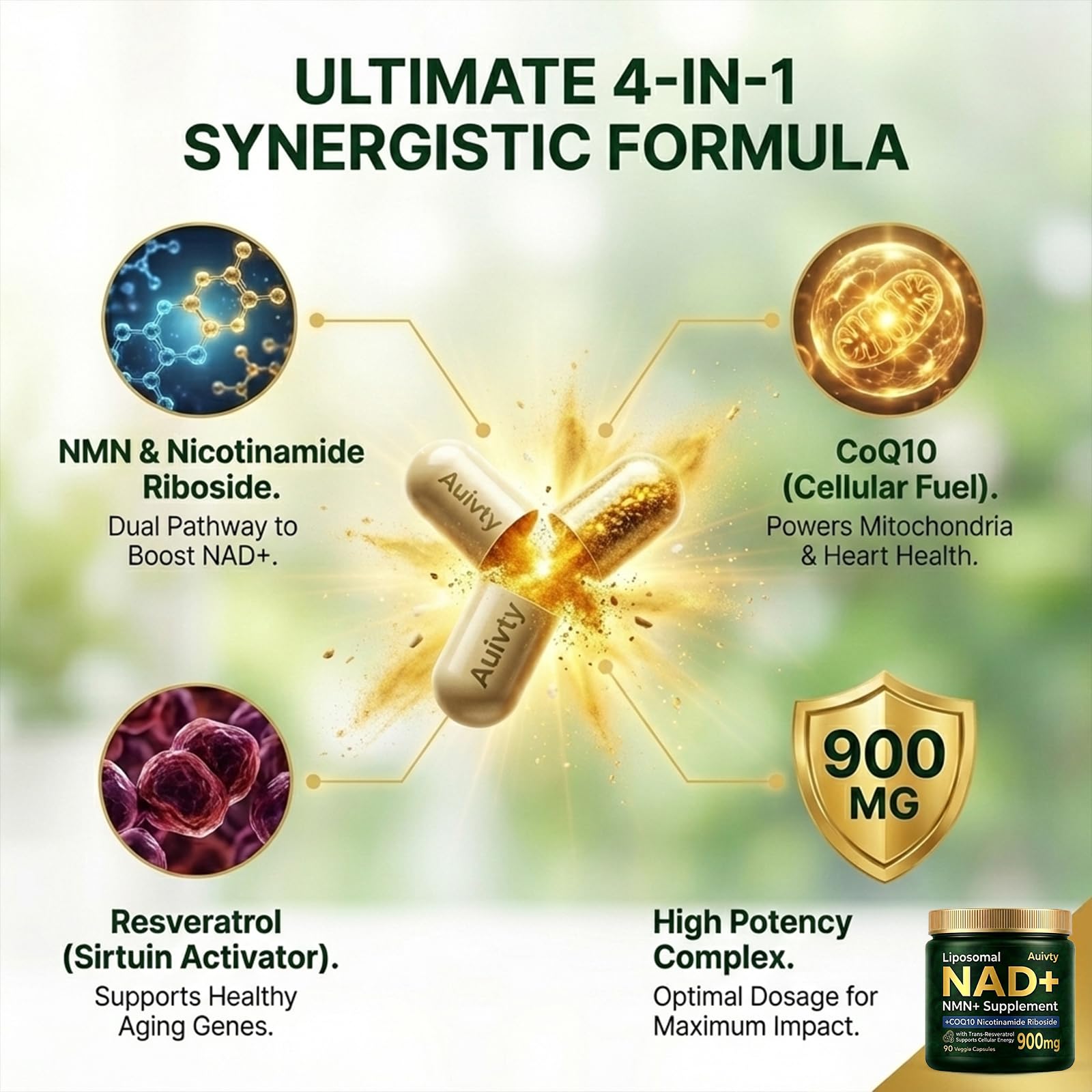 Auivty liposomal NAD+-NMN ingredient highlights emphasize synergy for cellular vitality.