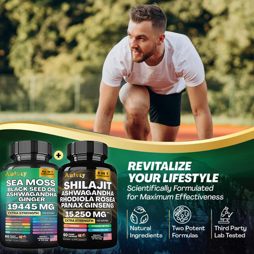 Auivty Shilajit Complex bottle showing capsules for energy and balance.